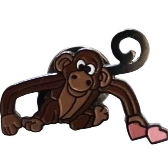 Monkey Ape Chimp Primate Enamel Lapel Hat Cap Tie Pin Brown Badge with Hearts - Picture 1 of 3